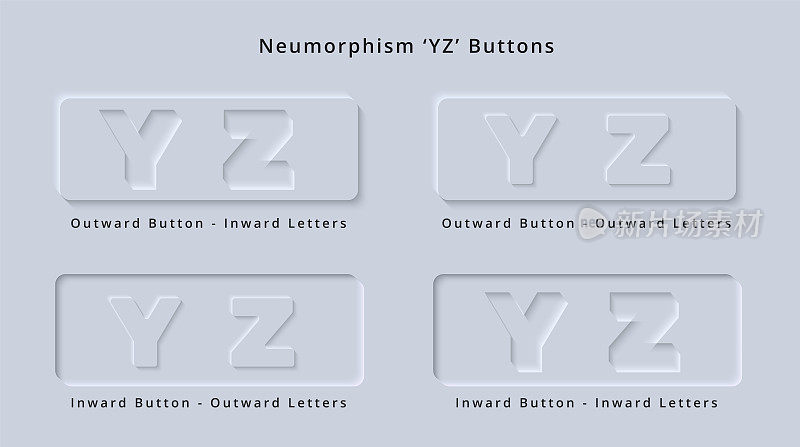 字母Y Z在干净和现代拟物化或neuomorphism 3D缩进风格的Web应用程序按钮或UI用户界面设计字体Typescript